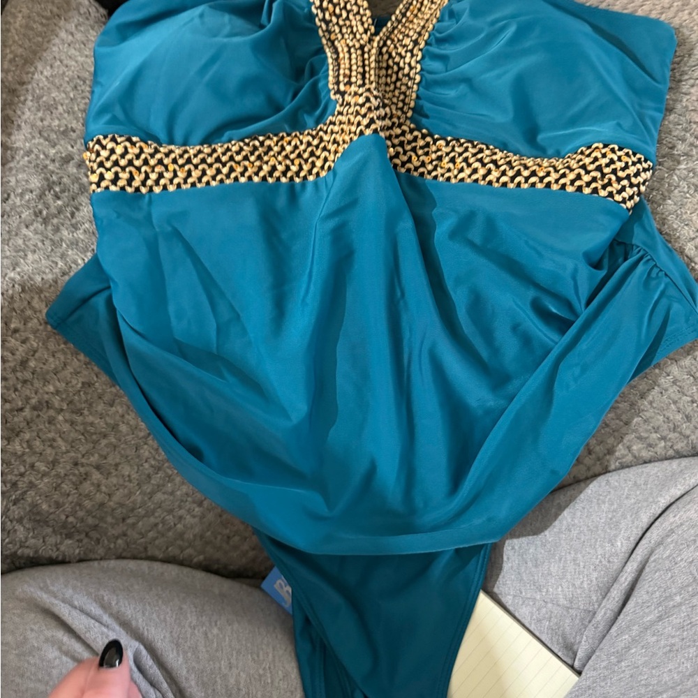 SHEIN Teal and Gold One Piece Swimsuit